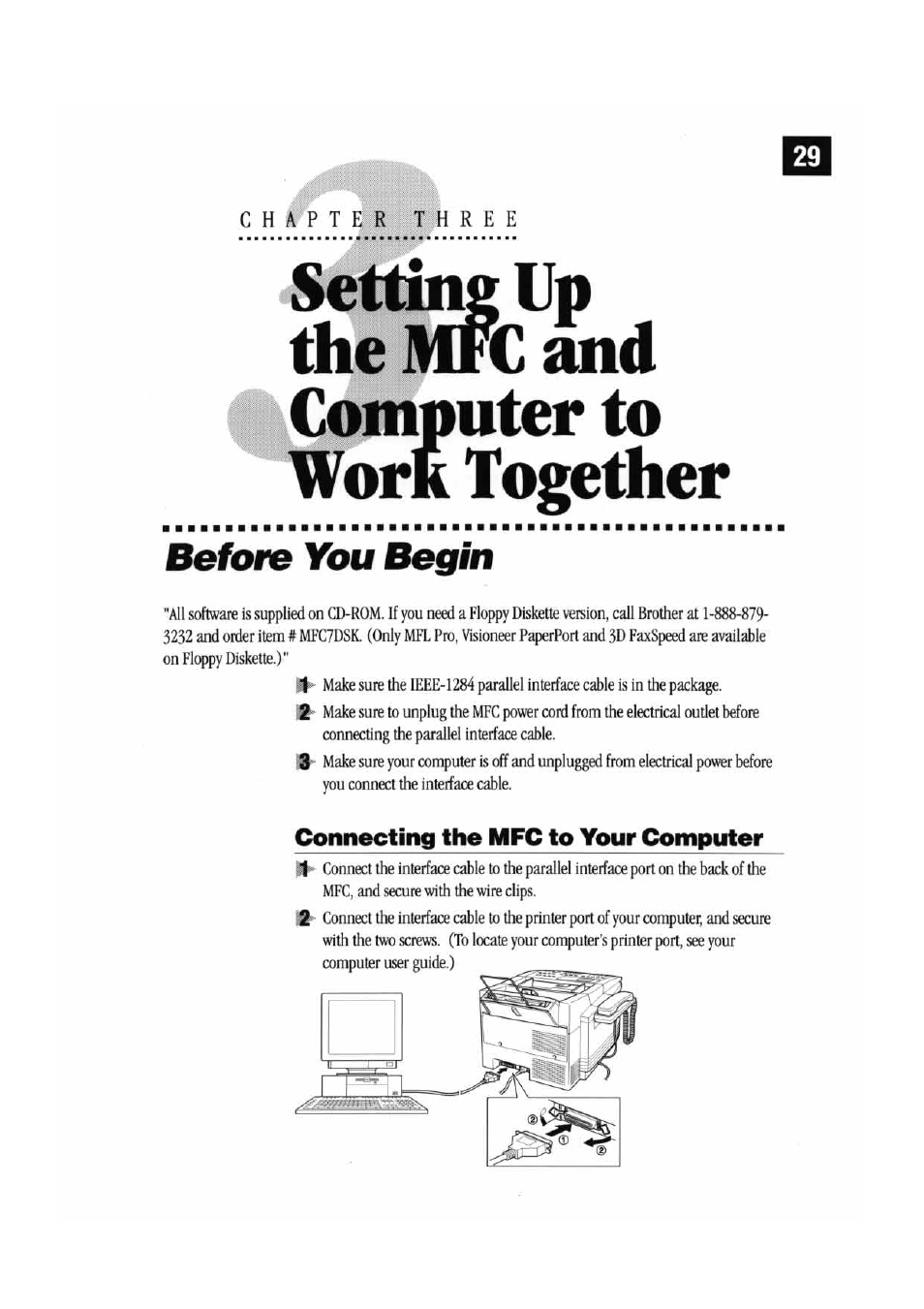 Before you begin, Connecting the mfc to your computer | Brother MFC 7000FC User Manual | Page 33 / 45