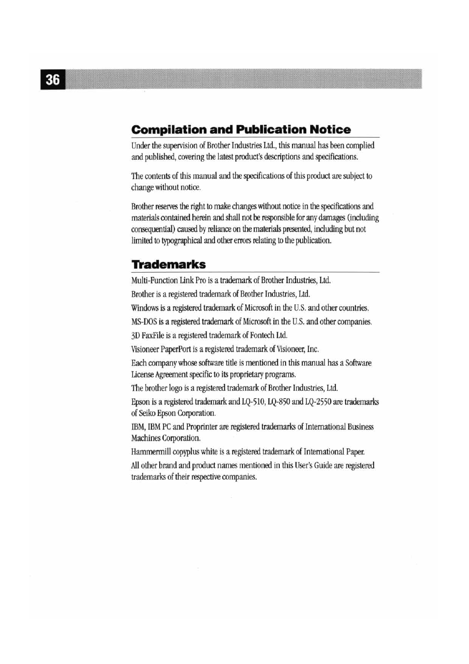 Compilation and publication notice, Trademarks, Compilation and publication notices | Brother MFC 7000FC User Manual | Page 40 / 45