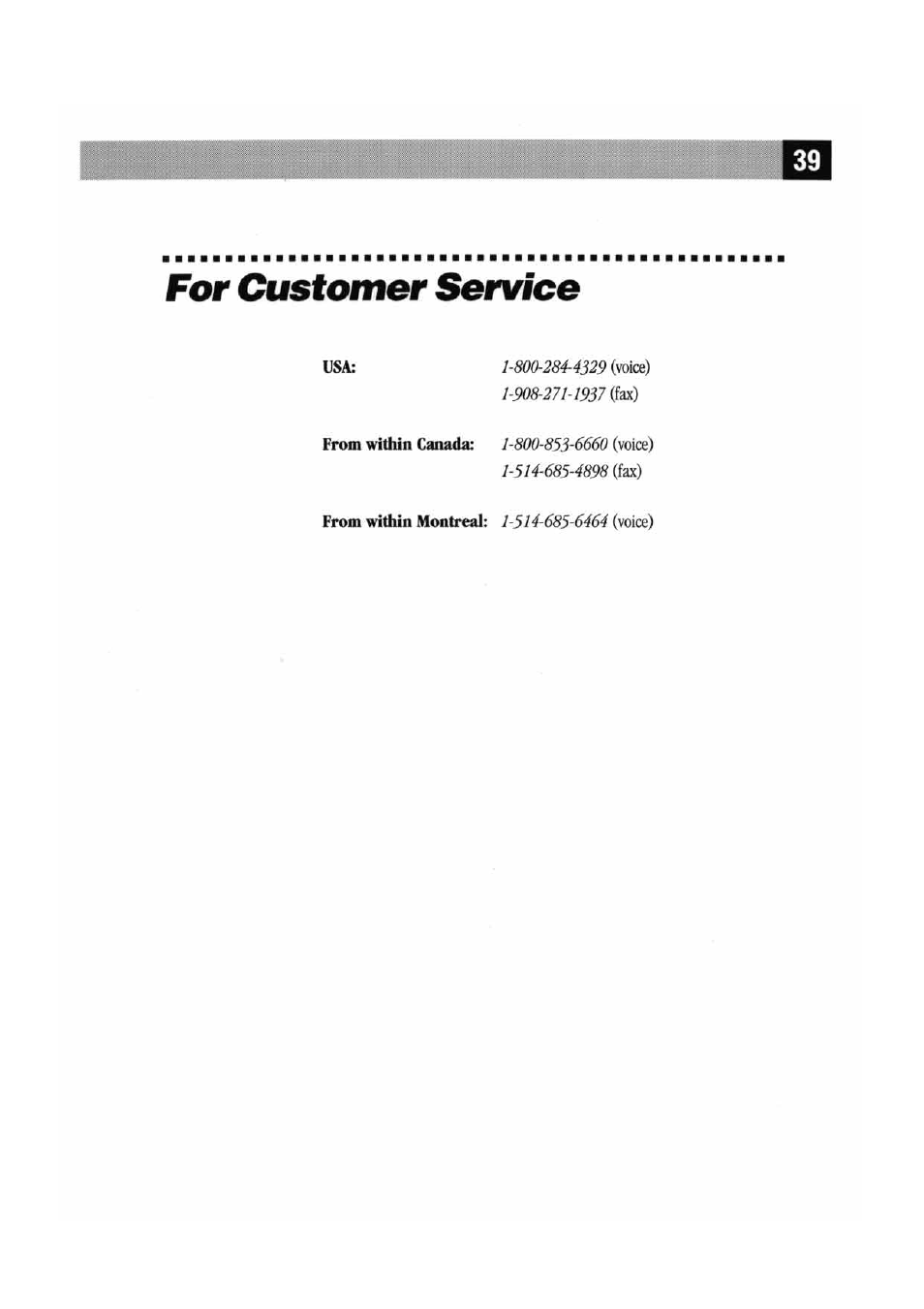 For customer service, Customer service | Brother MFC 7000FC User Manual | Page 43 / 45