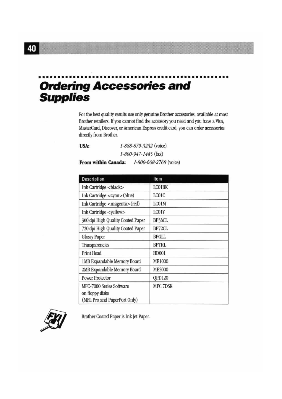 Ordering accessories and supplies | Brother MFC 7000FC User Manual | Page 44 / 45
