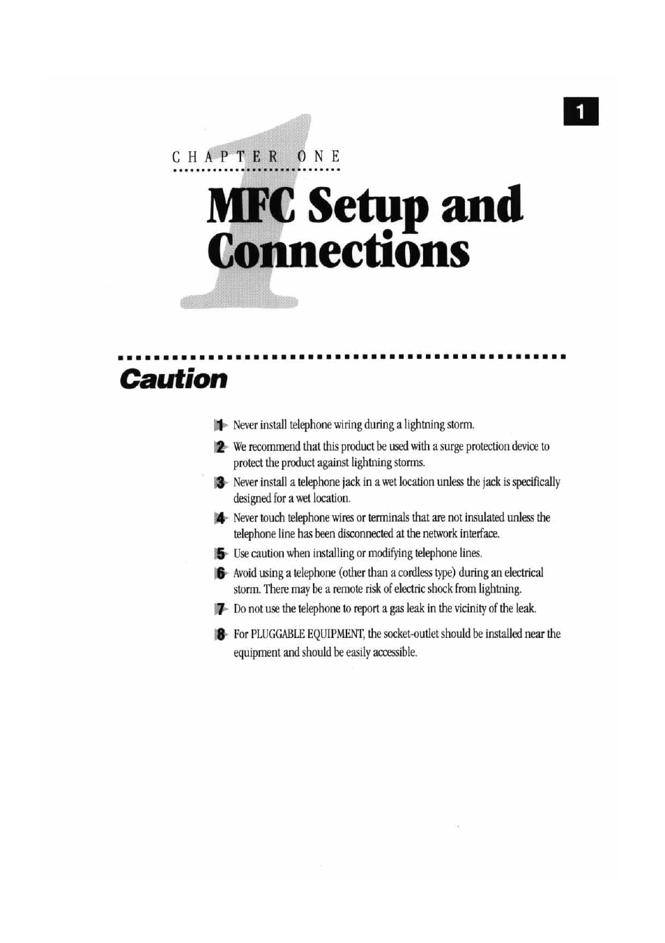 Chapter one, Mfc setup and connections, Caution | Brother MFC 7000FC User Manual | Page 5 / 45