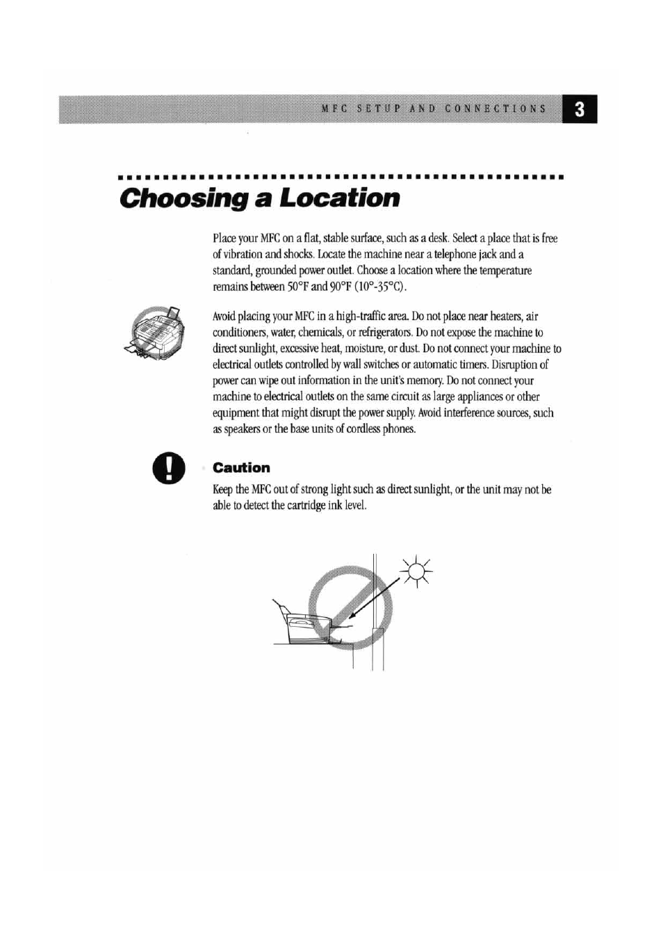 Choosing a location, Caution | Brother MFC 7000FC User Manual | Page 7 / 45