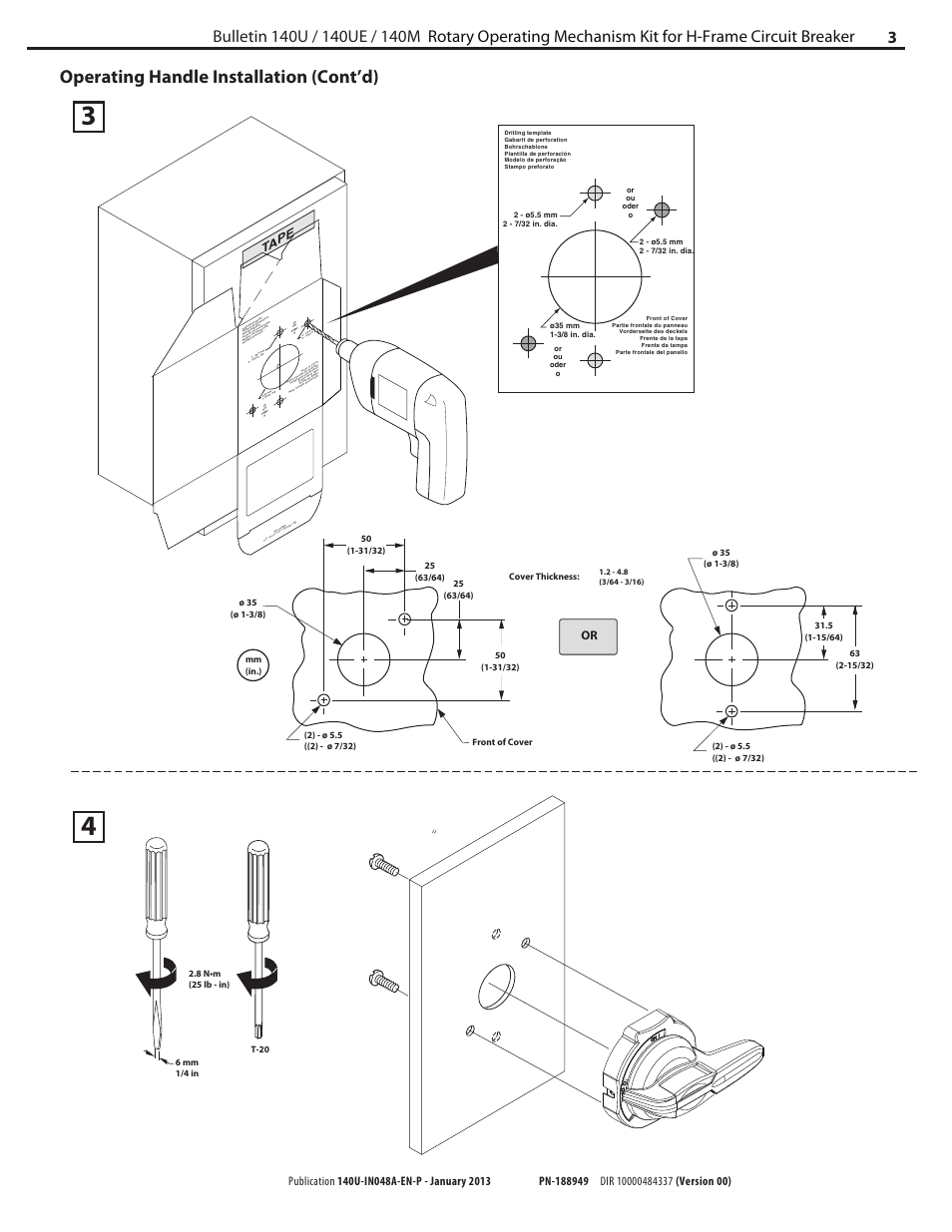 Operating handle installation (cont’d), Tape | Rockwell Automation 140U-xxx H-Frame C.B. for Variable Depth Rotary Handle Mech. User Manual | Page 3 / 4