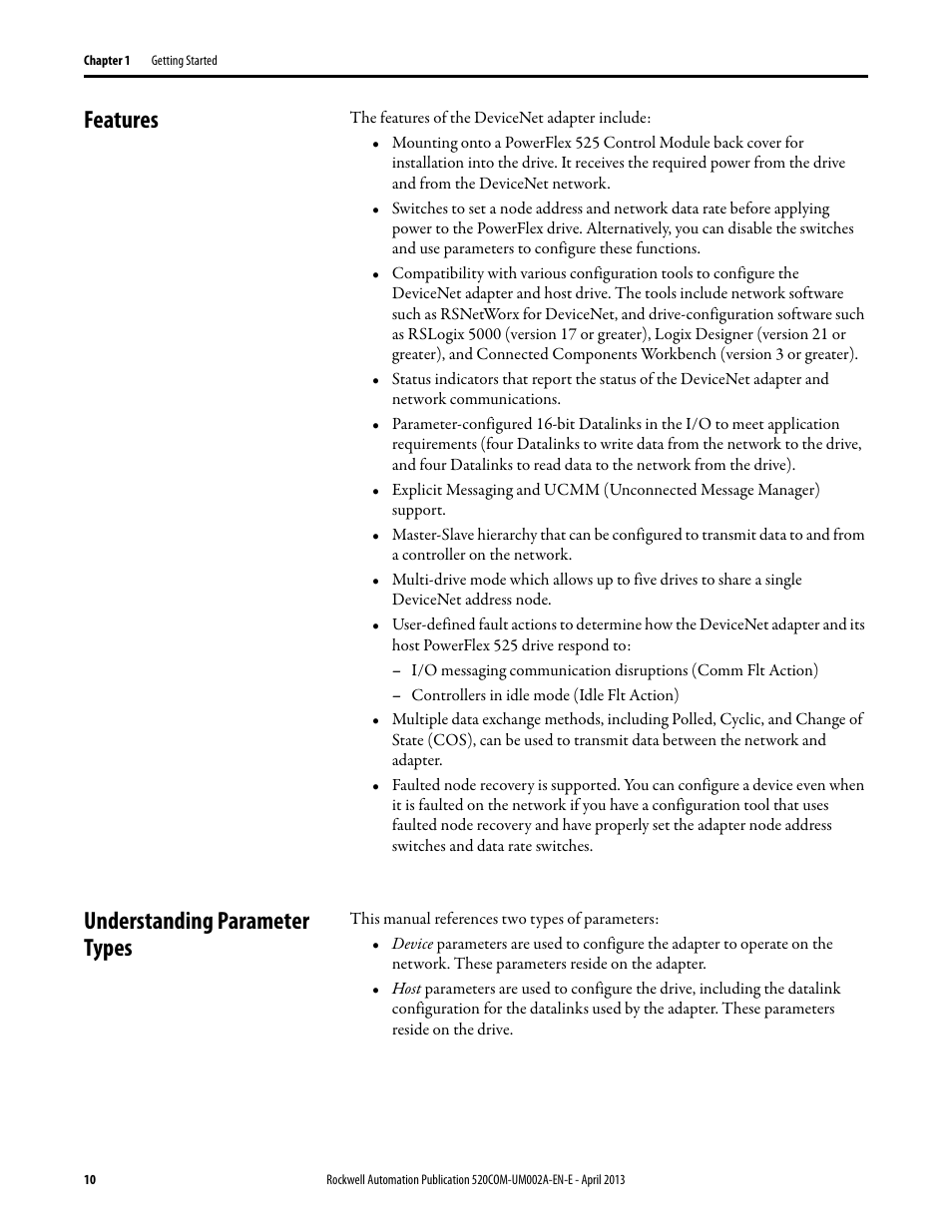 Features, Understanding parameter types, Features understanding parameter types | Rockwell Automation 25-COMM-D PowerFlex 525 DeviceNet Adapter User Manual | Page 10 / 140