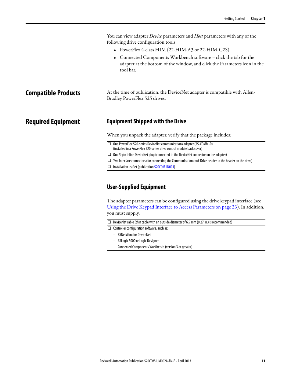 Compatible products, Required equipment, Equipment shipped with the drive | User-supplied equipment, Compatible products required equipment | Rockwell Automation 25-COMM-D PowerFlex 525 DeviceNet Adapter User Manual | Page 11 / 140