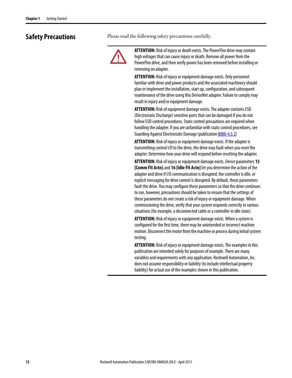 Safety precautions | Rockwell Automation 25-COMM-D PowerFlex 525 DeviceNet Adapter User Manual | Page 12 / 140