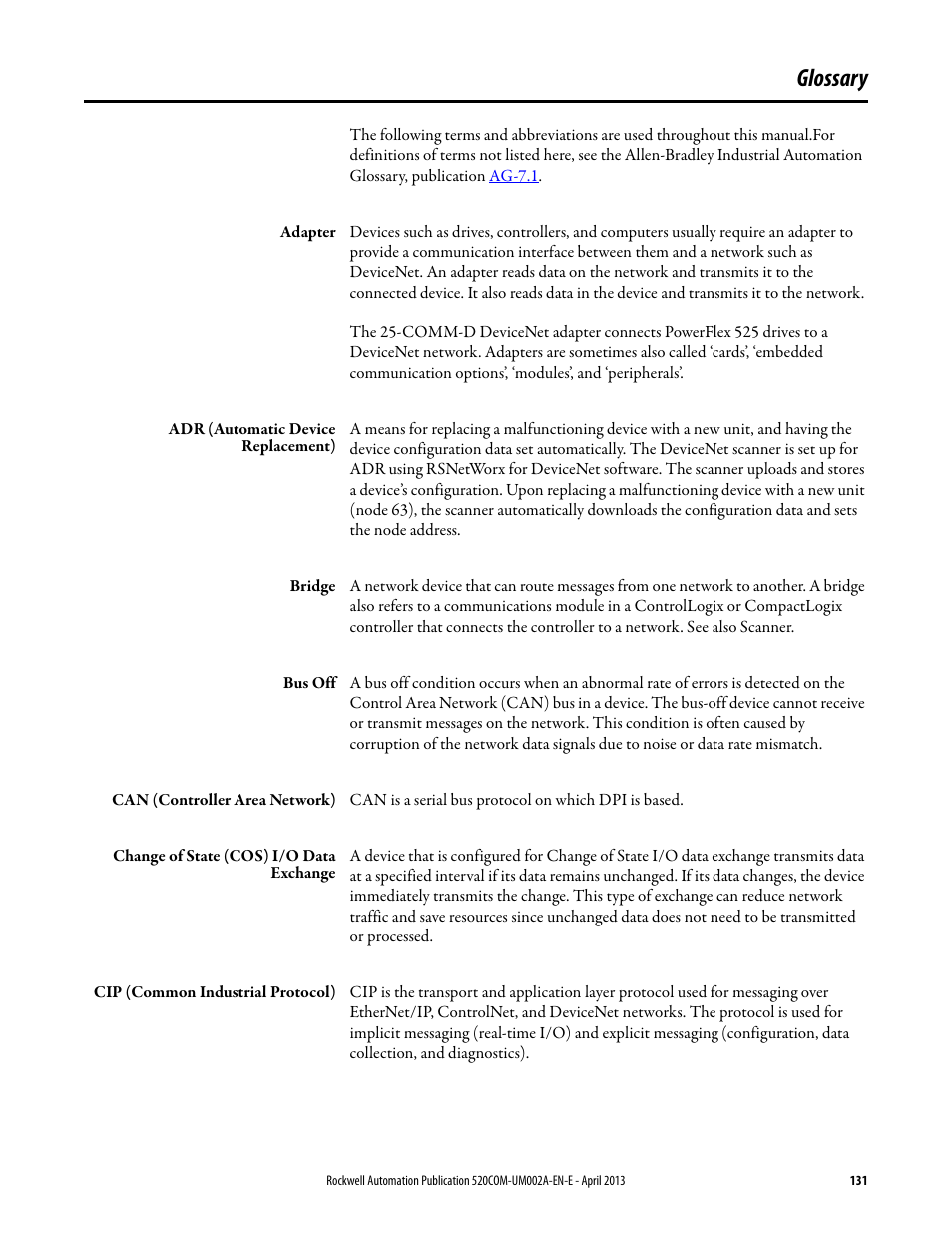Glossary, Defi | Rockwell Automation 25-COMM-D PowerFlex 525 DeviceNet Adapter User Manual | Page 131 / 140