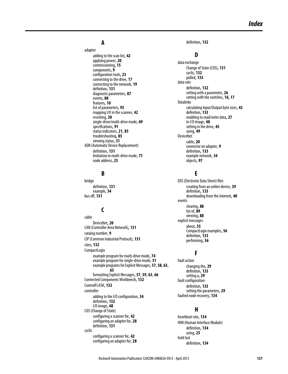 Index | Rockwell Automation 25-COMM-D PowerFlex 525 DeviceNet Adapter User Manual | Page 137 / 140