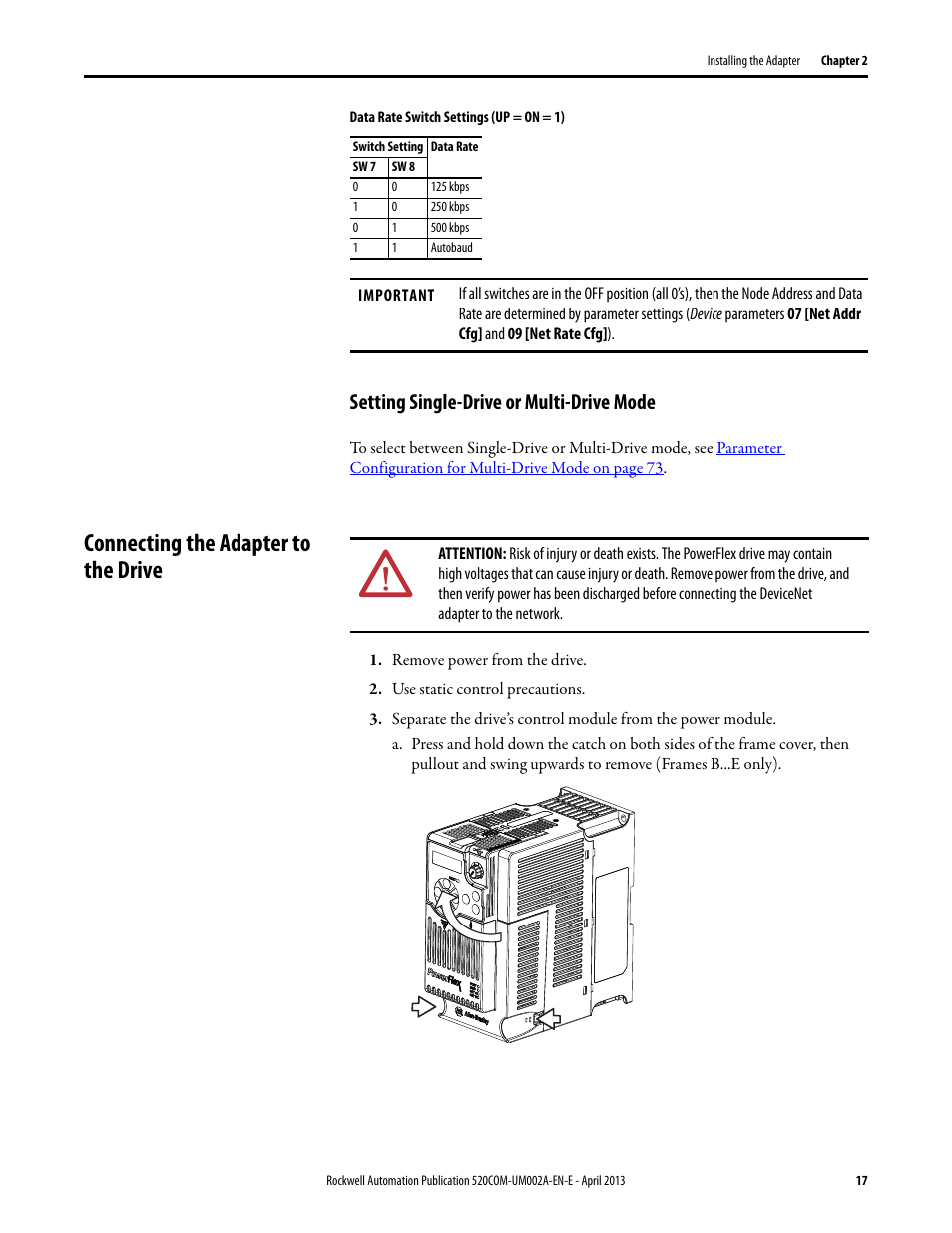 Setting single-drive or multi-drive mode, Connecting the adapter to the drive | Rockwell Automation 25-COMM-D PowerFlex 525 DeviceNet Adapter User Manual | Page 17 / 140