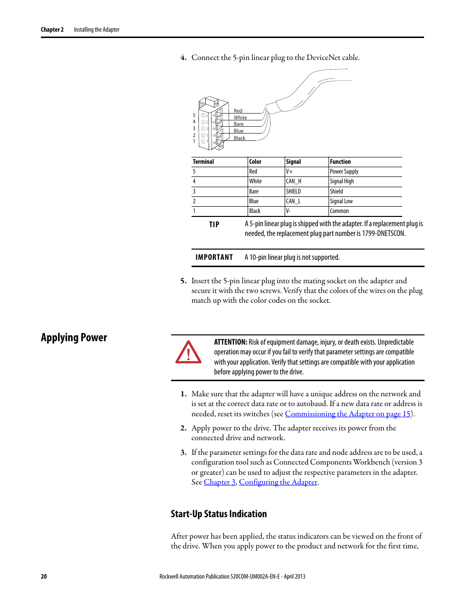 Applying power, Start-up status indication | Rockwell Automation 25-COMM-D PowerFlex 525 DeviceNet Adapter User Manual | Page 20 / 140