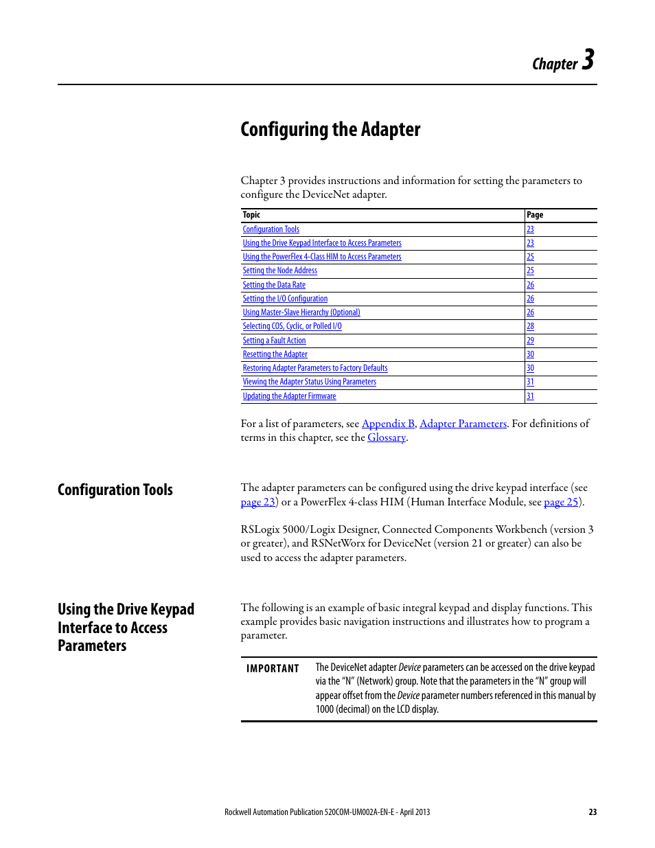 Configuring the adapter, Configuration tools, Chapter 3 | Chapter | Rockwell Automation 25-COMM-D PowerFlex 525 DeviceNet Adapter User Manual | Page 23 / 140