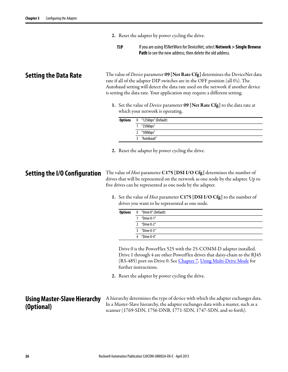 Setting the data rate, Setting the i/o configuration, Using master-slave hierarchy (optional) | Rockwell Automation 25-COMM-D PowerFlex 525 DeviceNet Adapter User Manual | Page 26 / 140