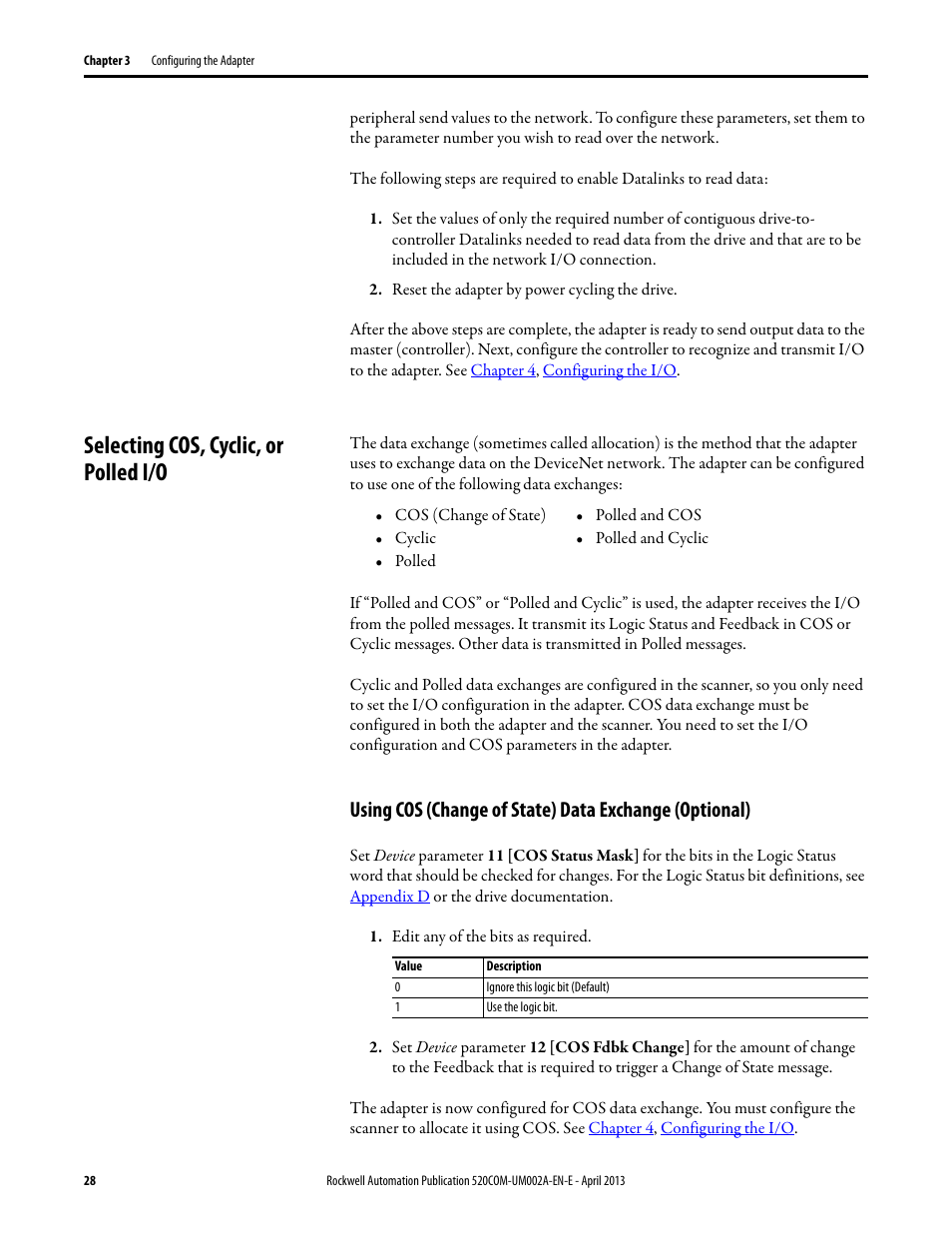 Selecting cos, cyclic, or polled i/o | Rockwell Automation 25-COMM-D PowerFlex 525 DeviceNet Adapter User Manual | Page 28 / 140