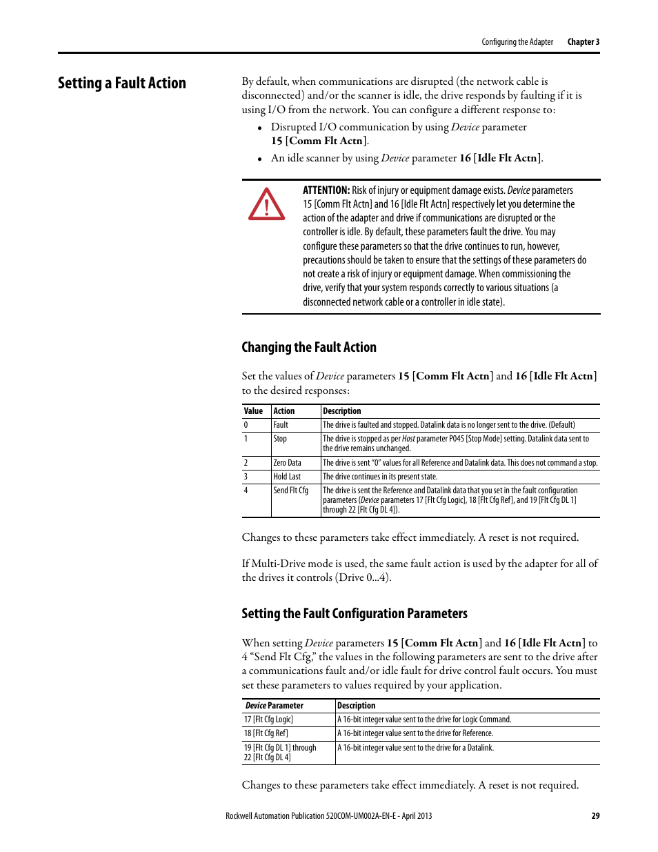 Setting a fault action, Changing the fault action, Setting the fault configuration parameters | Rockwell Automation 25-COMM-D PowerFlex 525 DeviceNet Adapter User Manual | Page 29 / 140