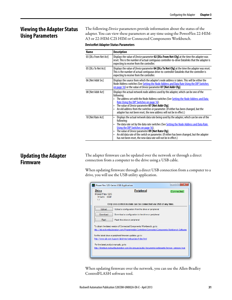 Viewing the adapter status using parameters, Updating the adapter firmware | Rockwell Automation 25-COMM-D PowerFlex 525 DeviceNet Adapter User Manual | Page 31 / 140