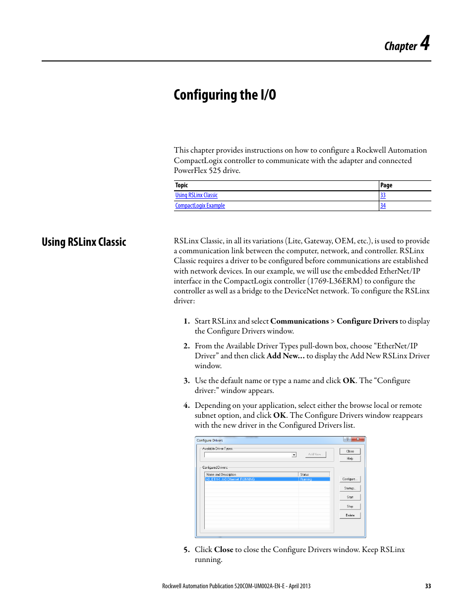 Configuring the i/o, Using rslinx classic, Chapter 4 | Chapter | Rockwell Automation 25-COMM-D PowerFlex 525 DeviceNet Adapter User Manual | Page 33 / 140