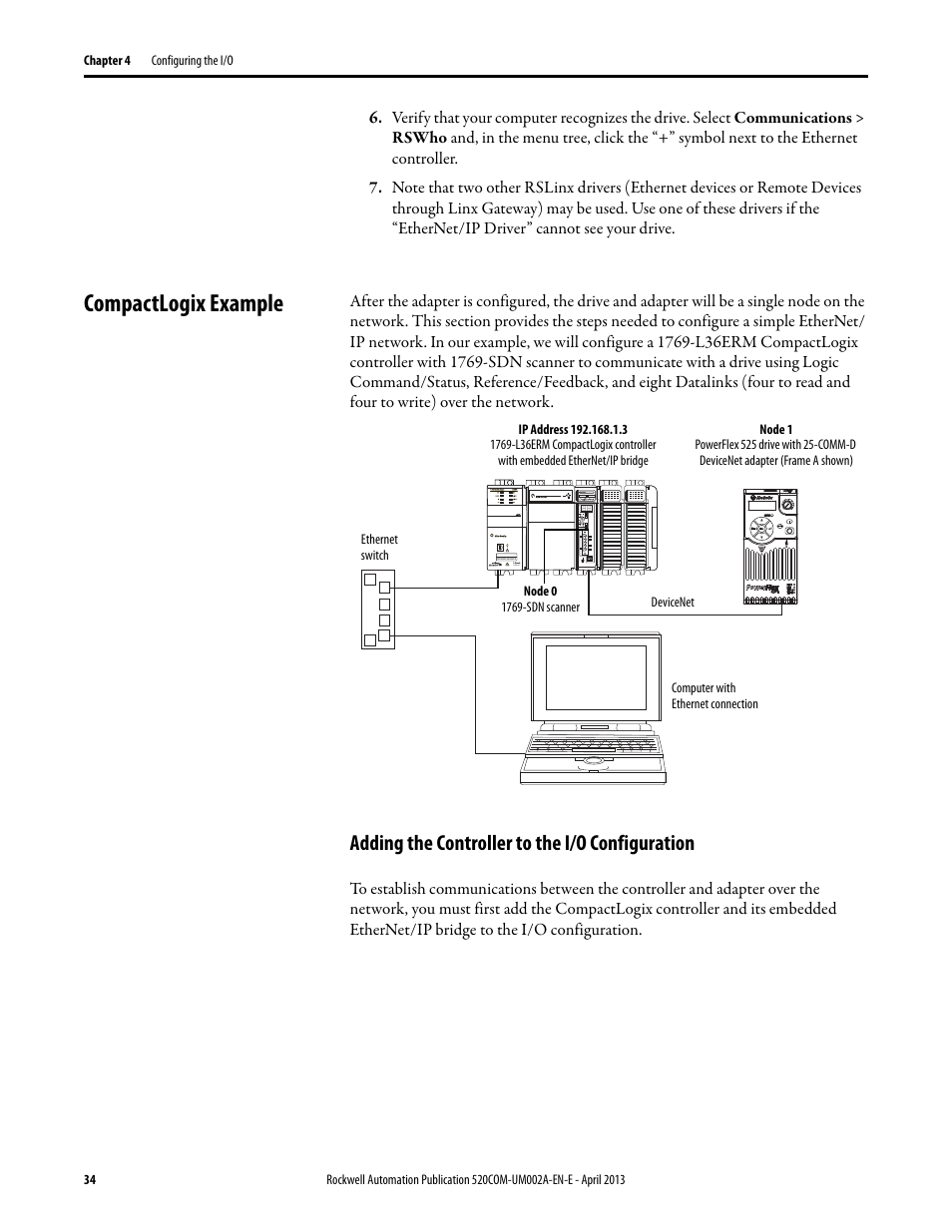 Compactlogix example, Adding the controller to the i/o configuration | Rockwell Automation 25-COMM-D PowerFlex 525 DeviceNet Adapter User Manual | Page 34 / 140