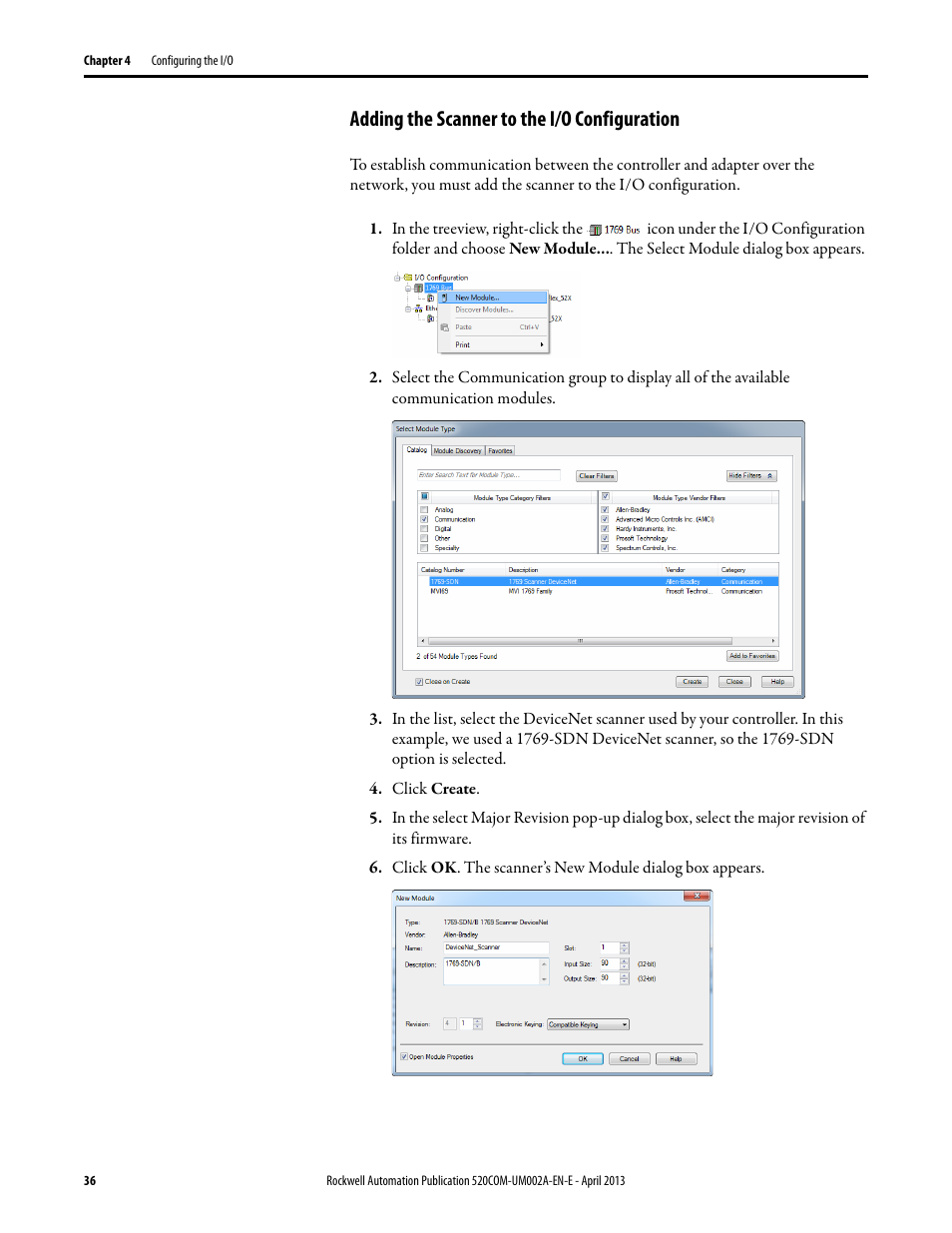 Adding the scanner to the i/o configuration | Rockwell Automation 25-COMM-D PowerFlex 525 DeviceNet Adapter User Manual | Page 36 / 140