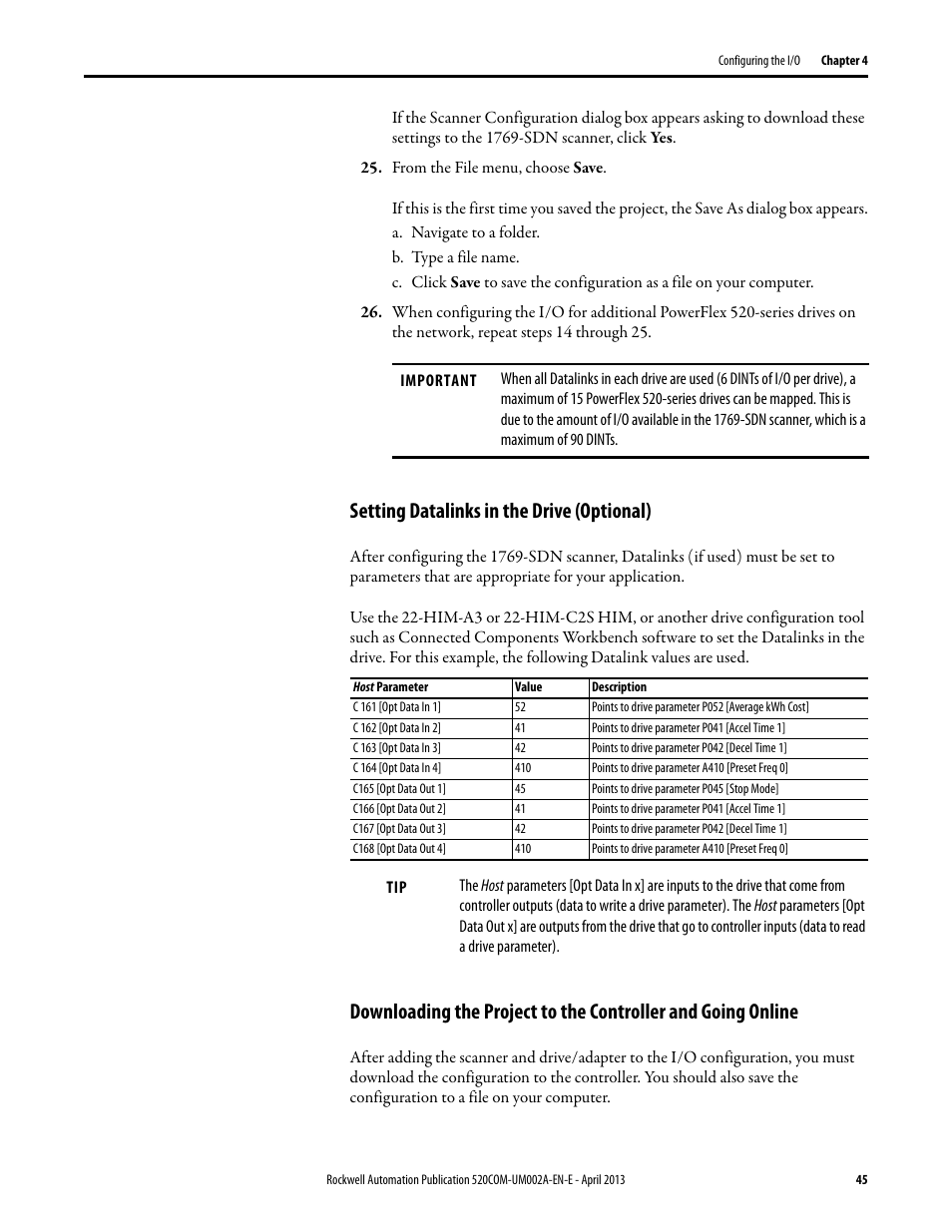 Setting datalinks in the drive (optional) | Rockwell Automation 25-COMM-D PowerFlex 525 DeviceNet Adapter User Manual | Page 45 / 140