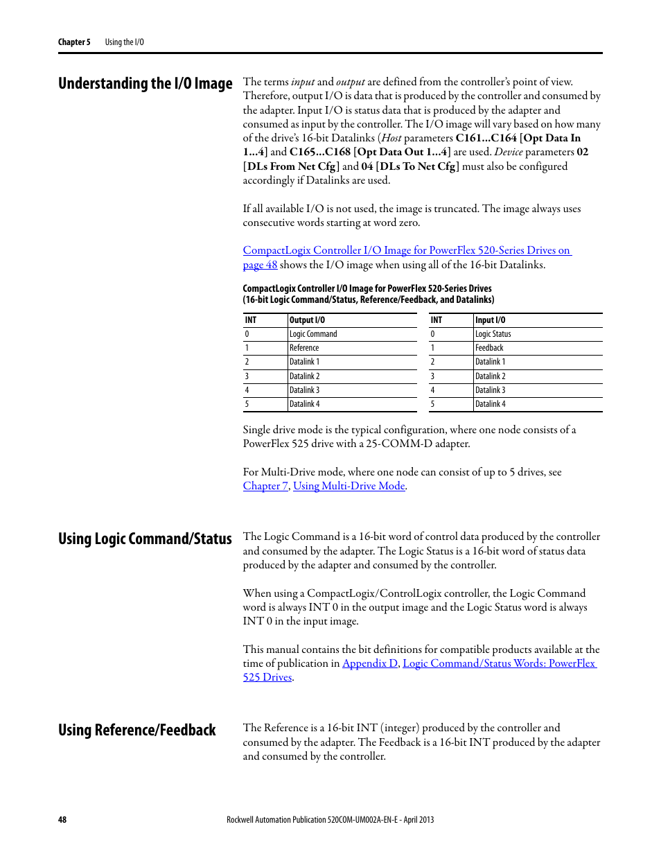 Understanding the i/o image, Using logic command/status, Using reference/feedback | Rockwell Automation 25-COMM-D PowerFlex 525 DeviceNet Adapter User Manual | Page 48 / 140