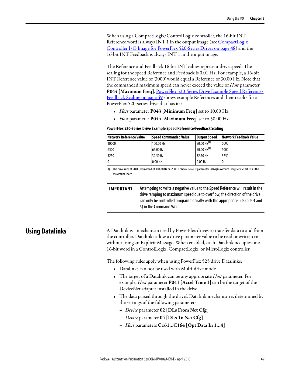 Using datalinks | Rockwell Automation 25-COMM-D PowerFlex 525 DeviceNet Adapter User Manual | Page 49 / 140