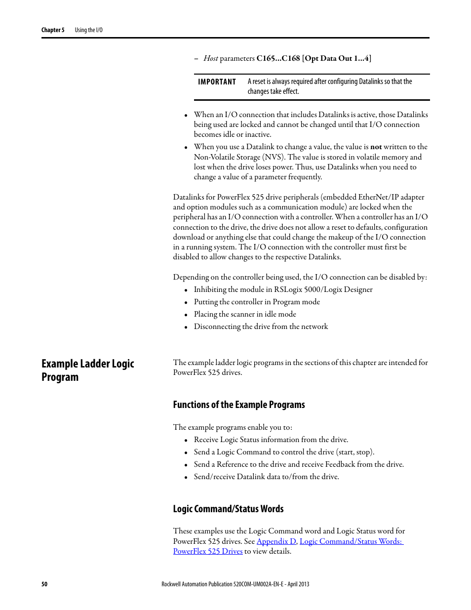 Example ladder logic program, Functions of the example programs, Logic command/status words | Rockwell Automation 25-COMM-D PowerFlex 525 DeviceNet Adapter User Manual | Page 50 / 140