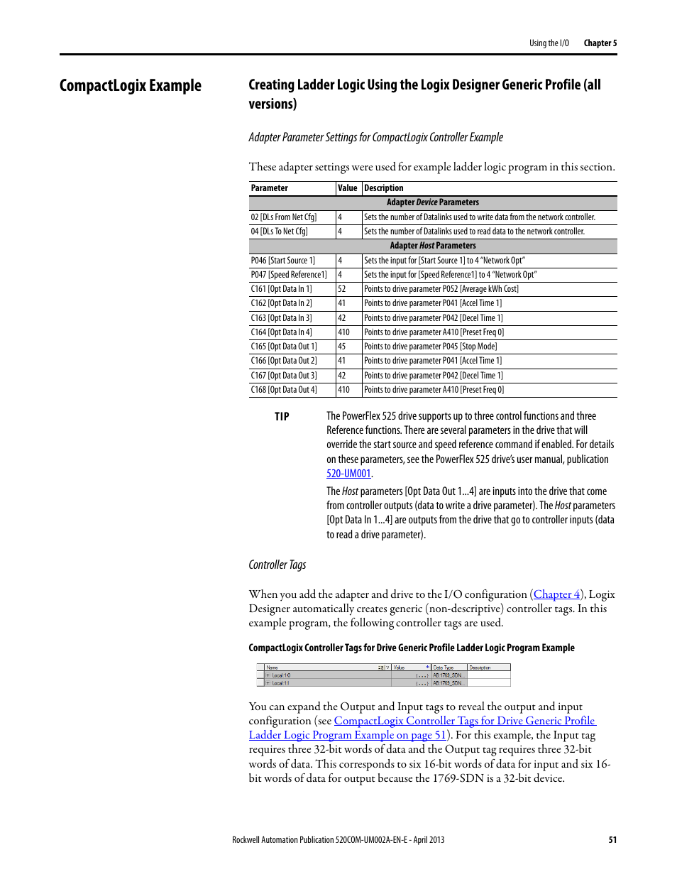 Compactlogix example | Rockwell Automation 25-COMM-D PowerFlex 525 DeviceNet Adapter User Manual | Page 51 / 140