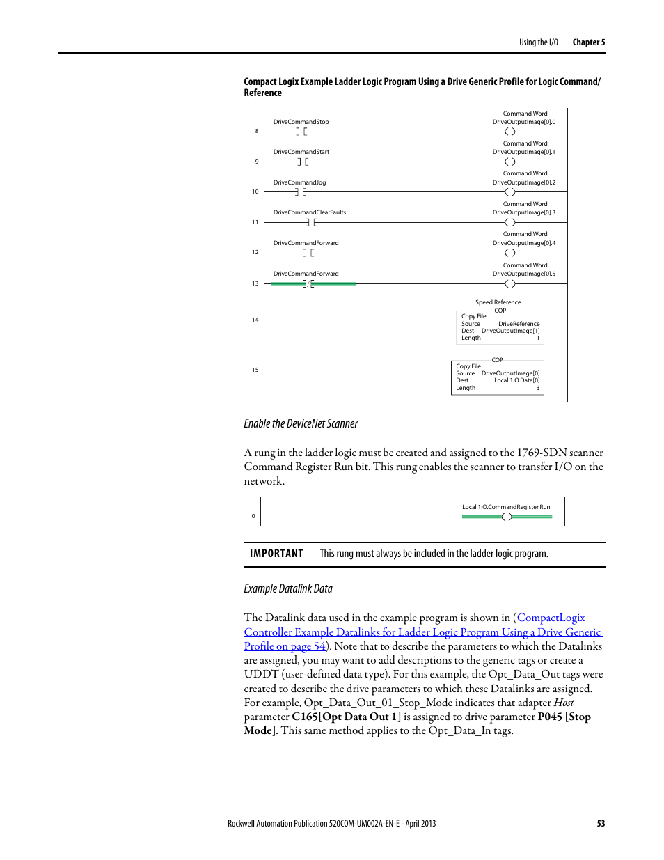 Enable the devicenet scanner, Example datalink data | Rockwell Automation 25-COMM-D PowerFlex 525 DeviceNet Adapter User Manual | Page 53 / 140