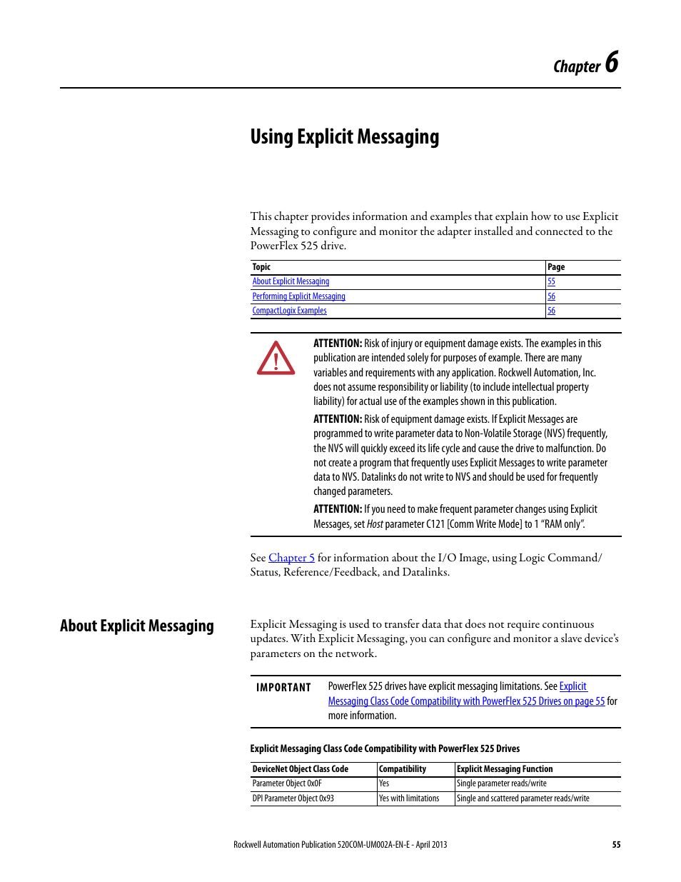 Using explicit messaging, About explicit messaging, Chapter 6 | Chapter | Rockwell Automation 25-COMM-D PowerFlex 525 DeviceNet Adapter User Manual | Page 55 / 140