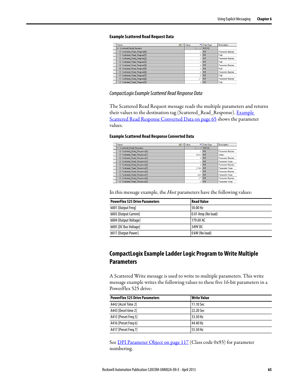 Example scattered read | Rockwell Automation 25-COMM-D PowerFlex 525 DeviceNet Adapter User Manual | Page 65 / 140