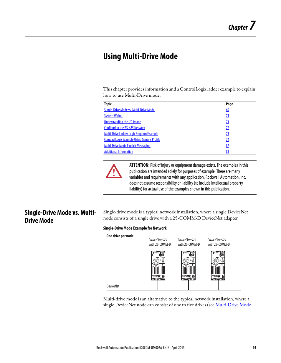 Using multi-drive mode, Single-drive mode vs. multi- drive mode, Chapter 7 | Single-drive mode vs. multi-drive mode, Chapter | Rockwell Automation 25-COMM-D PowerFlex 525 DeviceNet Adapter User Manual | Page 69 / 140