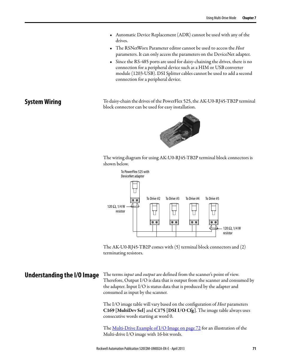 System wiring, Understanding the i/o image, System wiring understanding the i/o image | Rockwell Automation 25-COMM-D PowerFlex 525 DeviceNet Adapter User Manual | Page 71 / 140