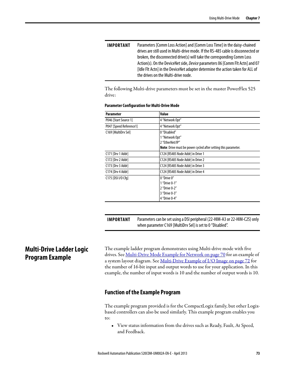 Multi-drive ladder logic program example, Function of the example program, Parameter | Rockwell Automation 25-COMM-D PowerFlex 525 DeviceNet Adapter User Manual | Page 73 / 140