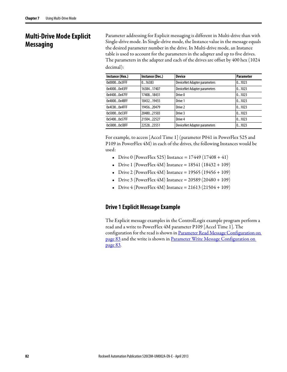 Multi-drive mode explicit messaging, Drive 1 explicit message example | Rockwell Automation 25-COMM-D PowerFlex 525 DeviceNet Adapter User Manual | Page 82 / 140