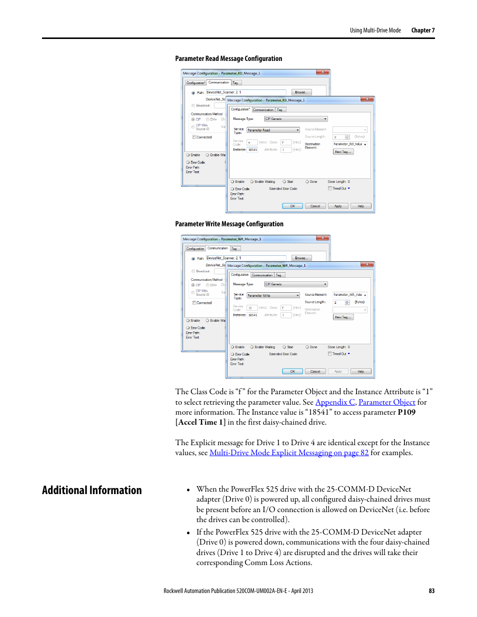 Additional information, Parameter read message configuration on, Parameter write message configuration on | Rockwell Automation 25-COMM-D PowerFlex 525 DeviceNet Adapter User Manual | Page 83 / 140