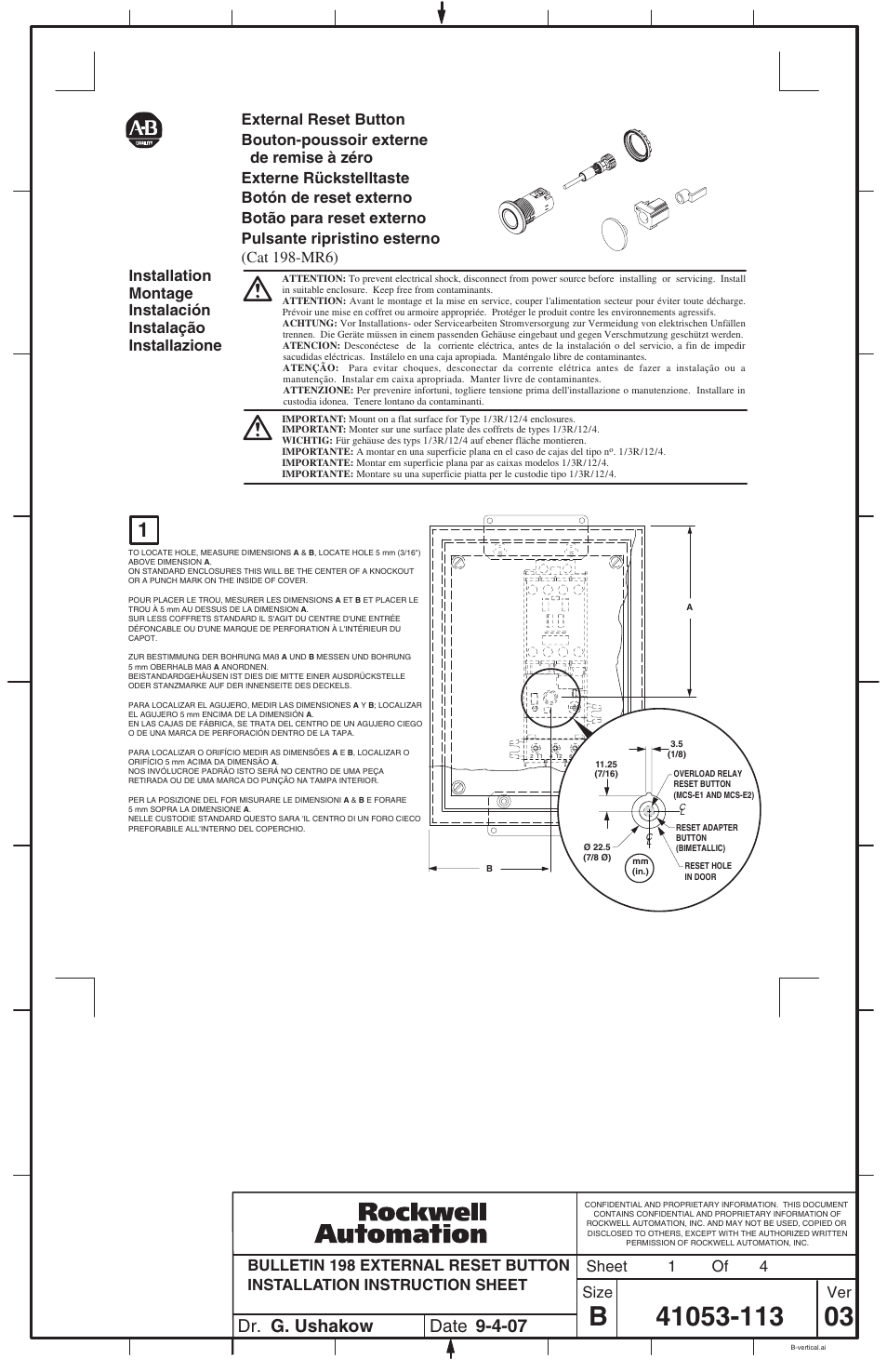 Rockwell Automation 198-MR6 External Reset Button User Manual | 4 pages