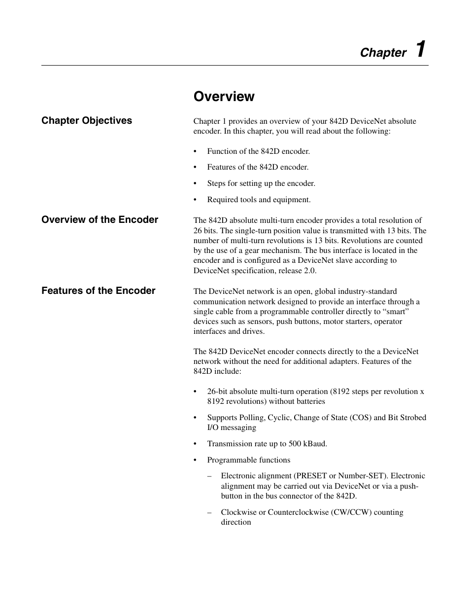 Chapter 1, Overview, Chapter objectives | Overview of the encoder, Features of the encoder, Chapter | Rockwell Automation 842D-60131331BXA DeviceNet Encoder User Manual User Manual | Page 11 / 58