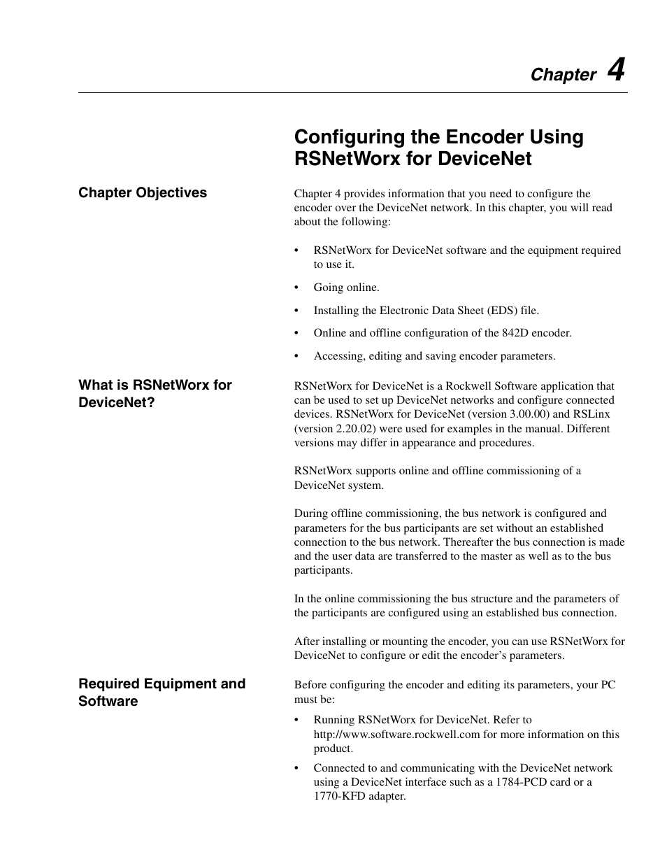 Chapter 4, Chapter objectives, What is rsnetworx for devicenet | Required equipment and software, To chapter 4, Chapter | Rockwell Automation 842D-60131331BXA DeviceNet Encoder User Manual User Manual | Page 19 / 58