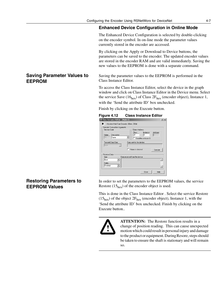 Enhanced device configuration in online mode, Saving parameter values to eeprom, Restoring parameters to eeprom values | Rockwell Automation 842D-60131331BXA DeviceNet Encoder User Manual User Manual | Page 25 / 58