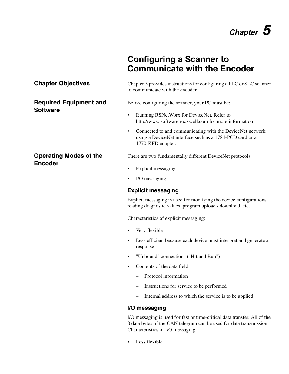 Chapter 5, Chapter objectives, Required equipment and software | Operating modes of the encoder, Explicit messaging, I/o messaging, Chapter | Rockwell Automation 842D-60131331BXA DeviceNet Encoder User Manual User Manual | Page 27 / 58