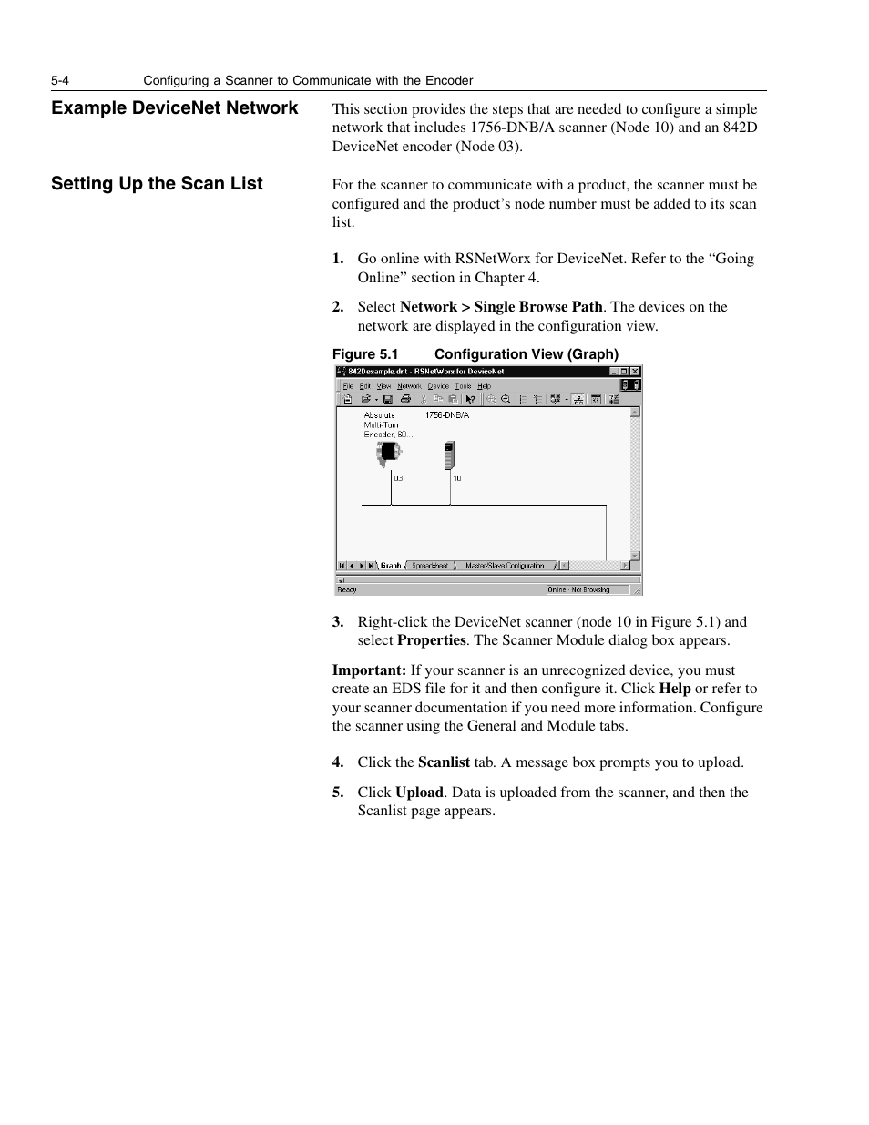 Example devicenet network, Setting up the scan list | Rockwell Automation 842D-60131331BXA DeviceNet Encoder User Manual User Manual | Page 30 / 58