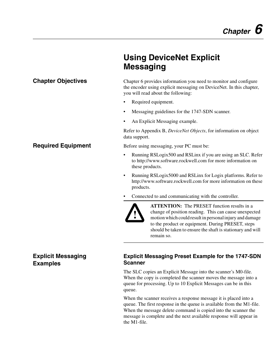 Chapter 6, Using devicenet explicit messaging, Chapter objectives | Required equipment, Explicit messaging examples, Chapter | Rockwell Automation 842D-60131331BXA DeviceNet Encoder User Manual User Manual | Page 35 / 58