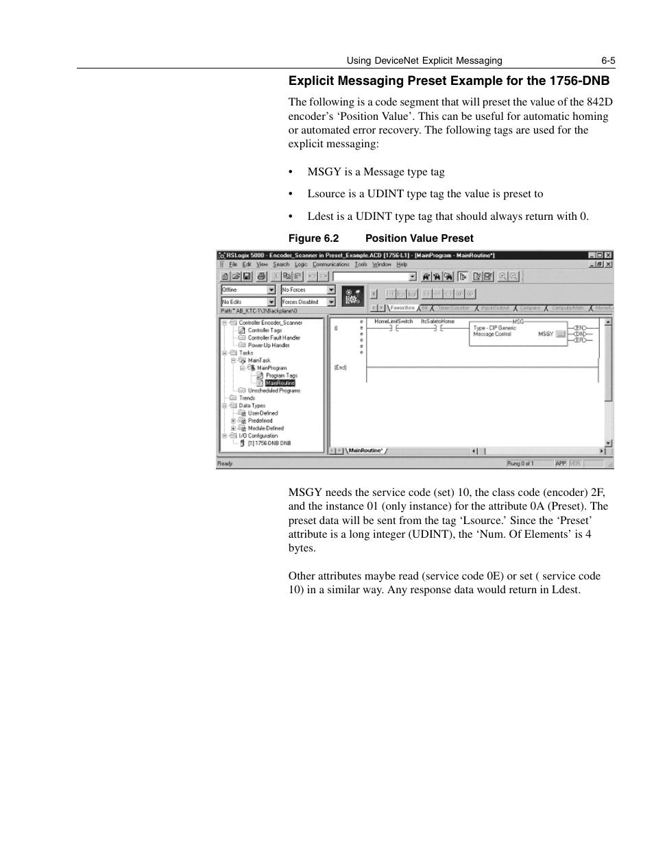 Explicit messaging preset example for the 1756-dnb | Rockwell Automation 842D-60131331BXA DeviceNet Encoder User Manual User Manual | Page 39 / 58