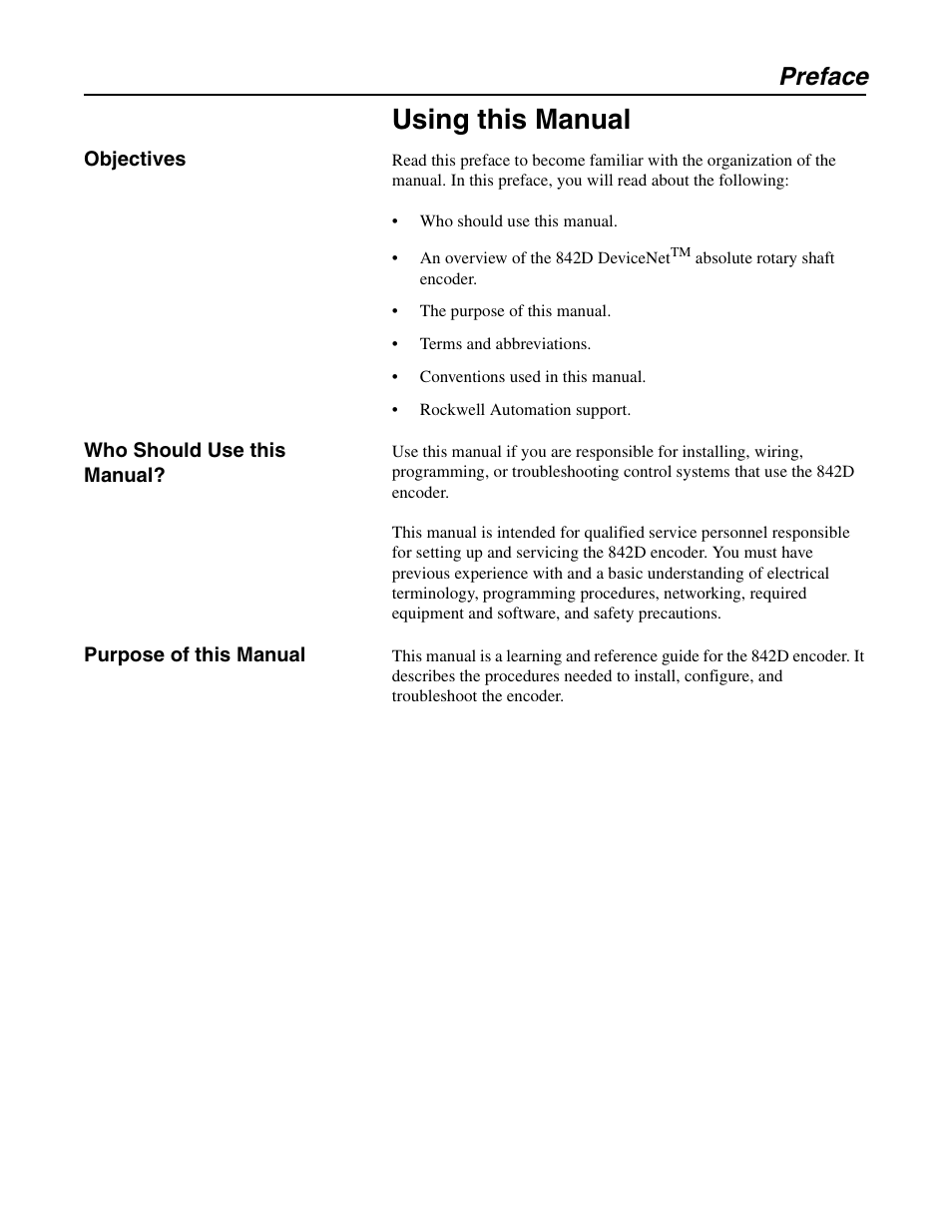 Using this manual, Objectives, Who should use this manual | Purpose of this manual, Preface | Rockwell Automation 842D-60131331BXA DeviceNet Encoder User Manual User Manual | Page 5 / 58