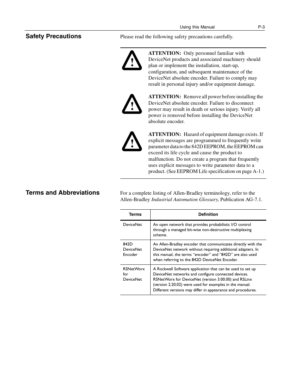 Safety precautions, Terms and abbreviations | Rockwell Automation 842D-60131331BXA DeviceNet Encoder User Manual User Manual | Page 7 / 58