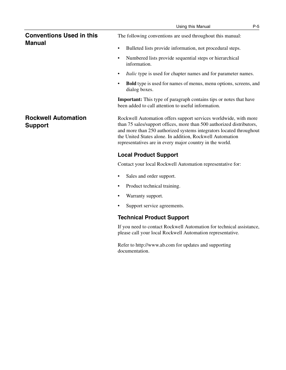 Conventions used in this manual, Rockwell automation support, Local product support | Technical product support | Rockwell Automation 842D-60131331BXA DeviceNet Encoder User Manual User Manual | Page 9 / 58