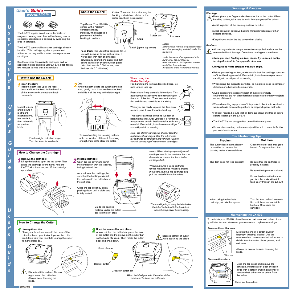 How to change the cartridge, How to change the cutter, User’s guide | Brother LX-570 User Manual | Page 2 / 9