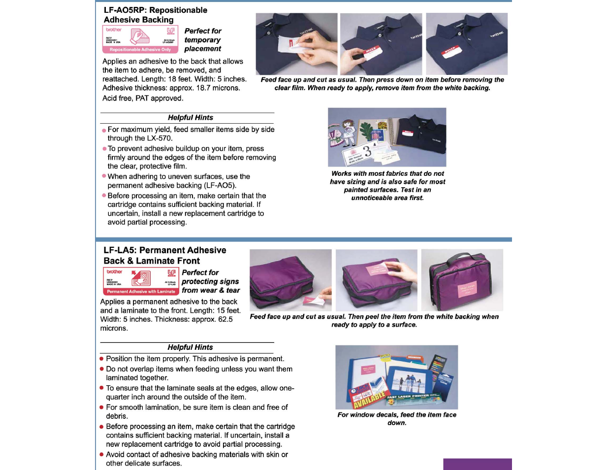 Lfao5rp repositionable adhesive backing, Lfla5 permanent adhesive back & laminate front | Brother LX-570 User Manual | Page 6 / 9
