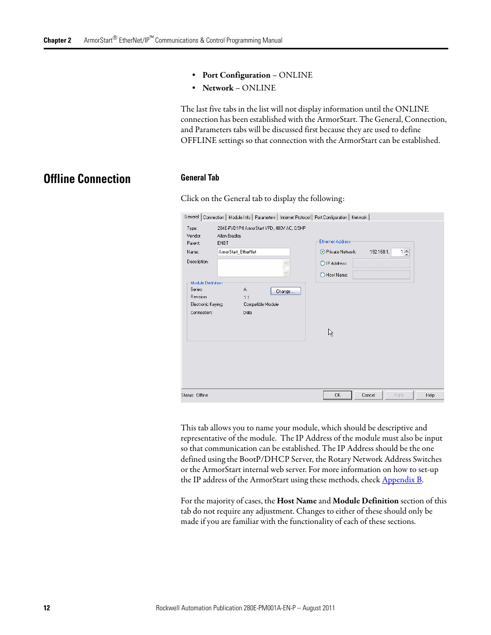 Offline connection, General tab | Rockwell Automation 284E ArmorStart EtherNet IP Communications and Control Programming Manual User Manual | Page 12 / 90