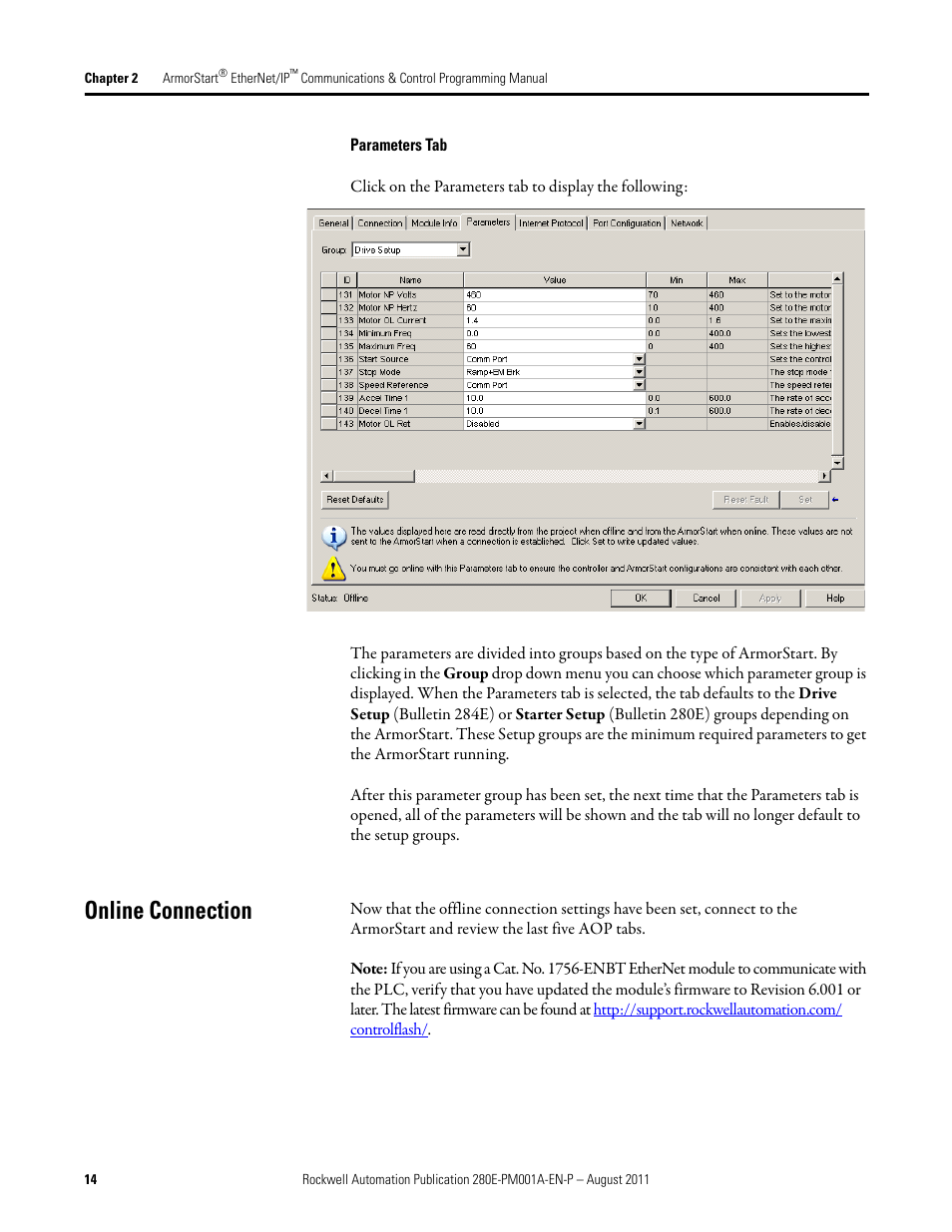 Parameters tab, Online connection | Rockwell Automation 284E ArmorStart EtherNet IP Communications and Control Programming Manual User Manual | Page 14 / 90